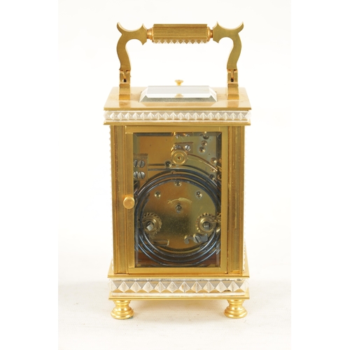 1229 - A LATE 19TH CENTURY GILT BRASS AND SILVERED REPEATING CARRIAGE CLOCK the case with silvered faceted ... 