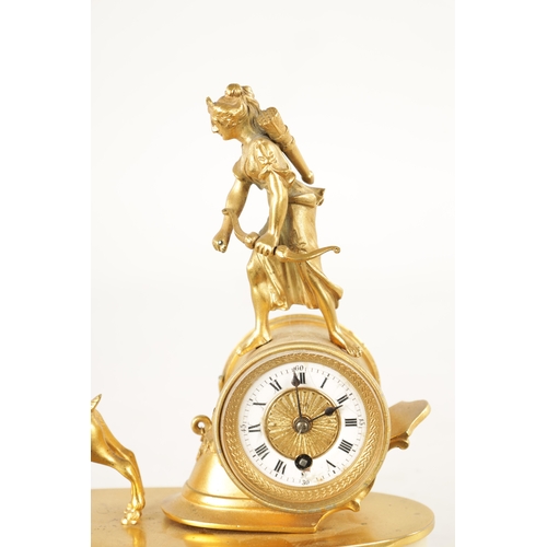 1230 - A LATE 19TH CENTURY FRENCH ORMOLU AND MARBLE MANTEL CLOCK modelled as Diane the Huntress being pulle... 