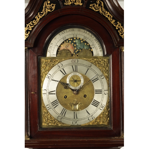 1237 - JOHN TAYLOR, MANCHESTER. A GEORGE III FIGURED MAHOGANY LONGCASE CLOCK having a swan neck pediment wi... 