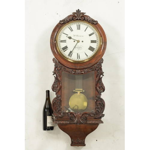 1238 - W. BROWN. LONDON. A LATE 19TH CENTURY CARVED WALNUT DOUBLE FUSEE WALL CLOCK the case with moulded su... 