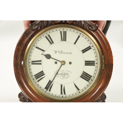 1238 - W. BROWN. LONDON. A LATE 19TH CENTURY CARVED WALNUT DOUBLE FUSEE WALL CLOCK the case with moulded su... 