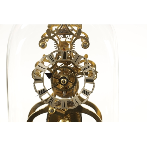 1240 - A MID 19TH CENTURY ENGLISH FUSEE SKELETON CLOCK with pierced silvered chapter ring fronting a scroll... 