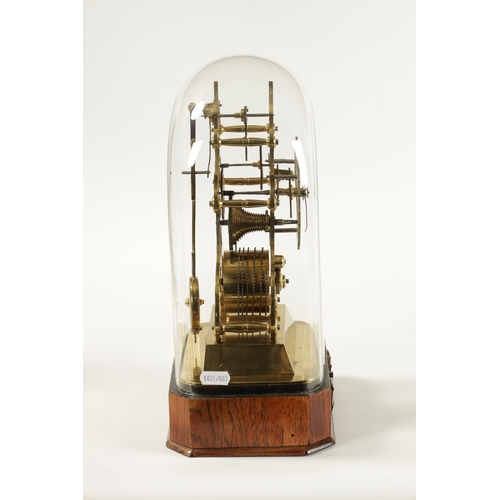 1240 - A MID 19TH CENTURY ENGLISH FUSEE SKELETON CLOCK with pierced silvered chapter ring fronting a scroll... 