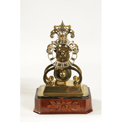 1240 - A MID 19TH CENTURY ENGLISH FUSEE SKELETON CLOCK with pierced silvered chapter ring fronting a scroll... 