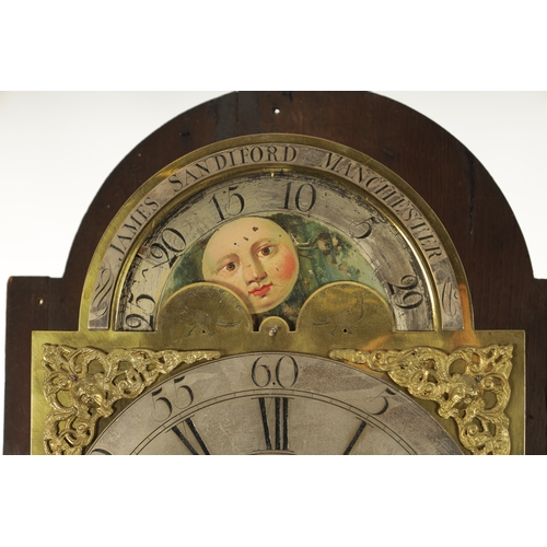 1243 - JAMES SANDIFORD, MANCHESTER. A GEORGE III FIGURED MAHOGANY EIGHT-DAY QUARTER STRIKING LONGCASE CLOCK... 