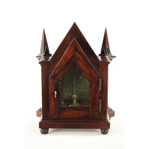 1247 - VINER, LONDON. A SMALL LATE REGENCY ENGLISH ROSEWOOD FUSEE MANTEL CLOCK the gothic case with cluster... 