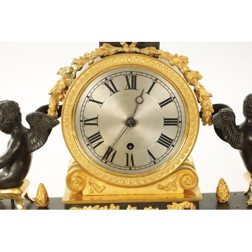 1255 - F. BAETMENS, LONDON. A REGENCY BRONZE AND ORMOLU FUSEE MANTEL CLOCK surmounted by a gilt bust above ... 