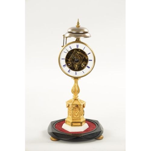 1263 - A 19TH CENTURY FRENCH ORMOLU AND WHITE MARBLE QUARTER CHIMING MANTEL CLOCK with hexagonal column and... 