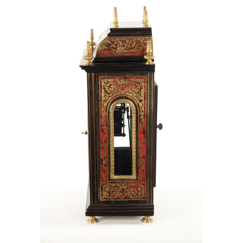 1265 - A LATE 19TH CENTURY FRENCH BOULLE MANTEL CLOCK Having an ebonised case with brass inlayed tortoisesh... 