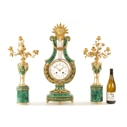 1267 - A FINE OVER-SIZED 19TH CENTURY FRENCH ORMOLU AND MALACHITE LYRE SHAPED EIGHT-DAY MYSTERY CLOCK GARNI... 