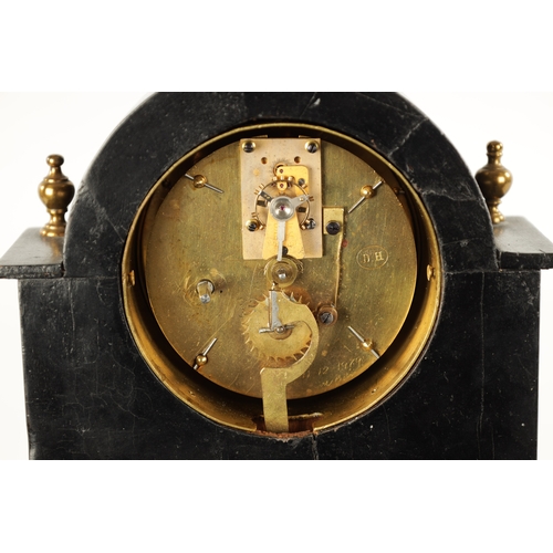 1277 - A LATE 19TH CENTURY FRENCH EBONY VENEERED MANTEL CLOCK WITH YEAR CALENDAR the arched case enclosing ... 