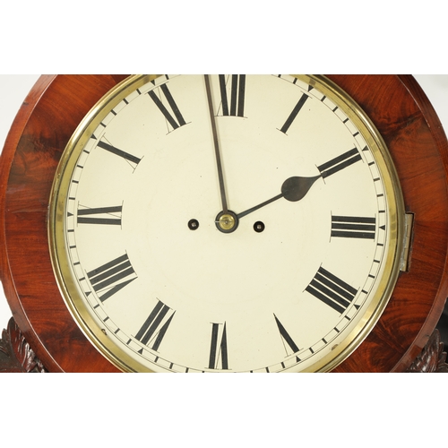 1279 - A 19TH CENTURY ENGLISH FIGURED MAHOGANY DOUBLE FUSEE WALL CLOCK With arched glazed door below a 12