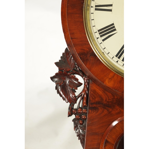 1279 - A 19TH CENTURY ENGLISH FIGURED MAHOGANY DOUBLE FUSEE WALL CLOCK With arched glazed door below a 12