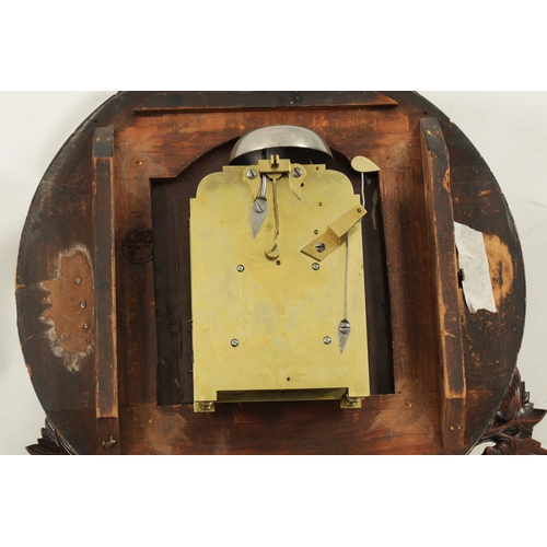 1279 - A 19TH CENTURY ENGLISH FIGURED MAHOGANY DOUBLE FUSEE WALL CLOCK With arched glazed door below a 12