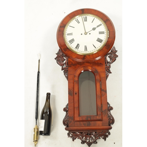 1279 - A 19TH CENTURY ENGLISH FIGURED MAHOGANY DOUBLE FUSEE WALL CLOCK With arched glazed door below a 12