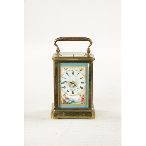 1281 - A LATE 19TH CENTURY FRENCH PORCELAIN PANELLED REPEATING CARRIAGE CLOCK the brass case with canted co... 