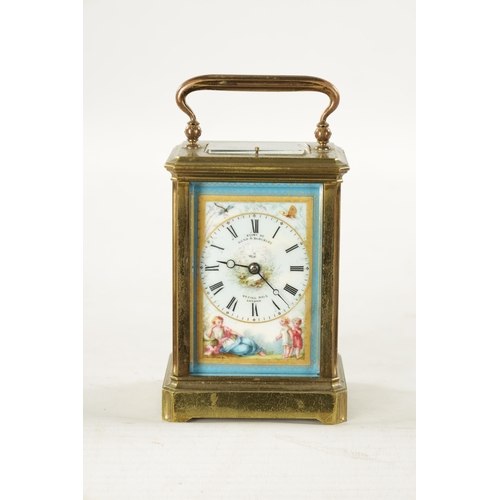 1281 - A LATE 19TH CENTURY FRENCH PORCELAIN PANELLED REPEATING CARRIAGE CLOCK the brass case with canted co... 