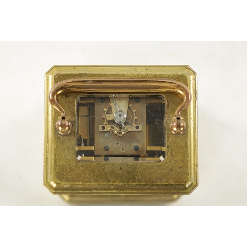 1281 - A LATE 19TH CENTURY FRENCH PORCELAIN PANELLED REPEATING CARRIAGE CLOCK the brass case with canted co... 