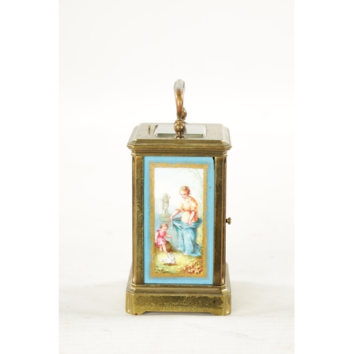 1281 - A LATE 19TH CENTURY FRENCH PORCELAIN PANELLED REPEATING CARRIAGE CLOCK the brass case with canted co... 