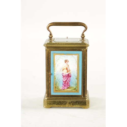 1281 - A LATE 19TH CENTURY FRENCH PORCELAIN PANELLED REPEATING CARRIAGE CLOCK the brass case with canted co... 