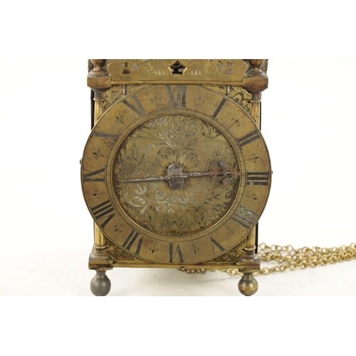 1283 - A CHARLES II ENGLISH LANTERN CLOCK with large bell above pierced engraved fret and Roman chapter rin... 