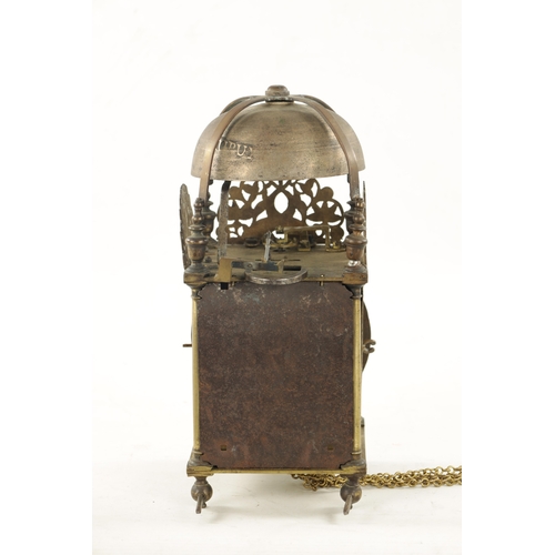 1283 - A CHARLES II ENGLISH LANTERN CLOCK with large bell above pierced engraved fret and Roman chapter rin... 