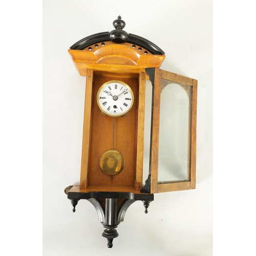 1285 - A LATE 19TH CENTURY MINIATURE VIENNA STYLE WALL CLOCK the satinwood case with ebonised moulds and gl... 