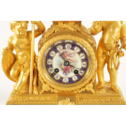 1286 - A FINE 19TH CENTURY GILT ORMOLU SEVRES PANELLED MANTEL CLOCK the figural case with cherubs on either... 