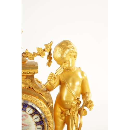 1286 - A FINE 19TH CENTURY GILT ORMOLU SEVRES PANELLED MANTEL CLOCK the figural case with cherubs on either... 