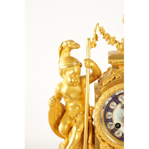 1286 - A FINE 19TH CENTURY GILT ORMOLU SEVRES PANELLED MANTEL CLOCK the figural case with cherubs on either... 