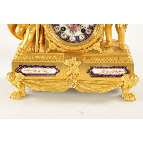 1286 - A FINE 19TH CENTURY GILT ORMOLU SEVRES PANELLED MANTEL CLOCK the figural case with cherubs on either... 