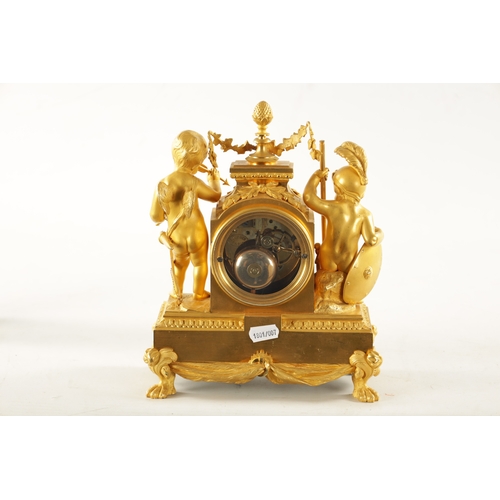 1286 - A FINE 19TH CENTURY GILT ORMOLU SEVRES PANELLED MANTEL CLOCK the figural case with cherubs on either... 