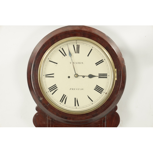 1287 - T. YATES, PRESTON. A 19TH CENTURY STRING INLAID MAHOGANY DOUBLE FUSEE WALL CLOCK the case with inlai... 