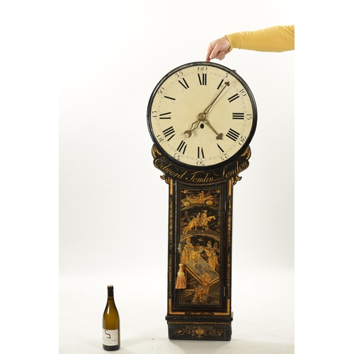 1288 - EDWARD TOMLIN, LONDON. A GEORGE III LACQUERED CHINOISERIE TAVERN CLOCK with figural gilt decoration ... 