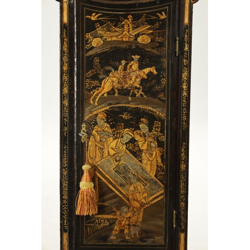 1288 - EDWARD TOMLIN, LONDON. A GEORGE III LACQUERED CHINOISERIE TAVERN CLOCK with figural gilt decoration ... 