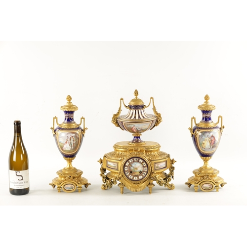 1299 - A FINE 19TH CENTURY FRENCH ORMOLU AND SEVRES PORCELAIN CLOCK GARNITURE the case surmounted by a larg... 