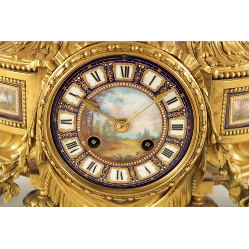 1299 - A FINE 19TH CENTURY FRENCH ORMOLU AND SEVRES PORCELAIN CLOCK GARNITURE the case surmounted by a larg... 