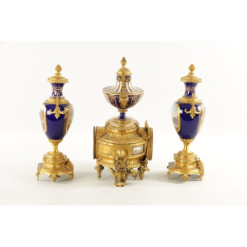 1299 - A FINE 19TH CENTURY FRENCH ORMOLU AND SEVRES PORCELAIN CLOCK GARNITURE the case surmounted by a larg... 