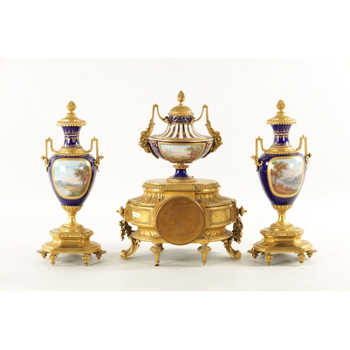 1299 - A FINE 19TH CENTURY FRENCH ORMOLU AND SEVRES PORCELAIN CLOCK GARNITURE the case surmounted by a larg... 