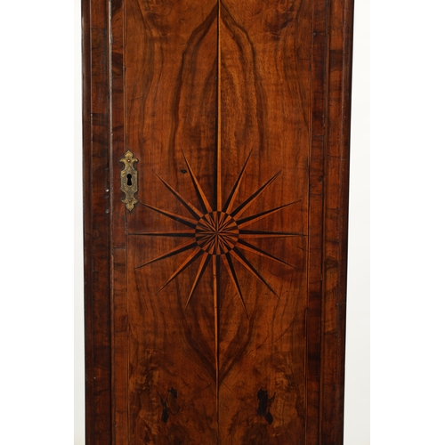 1300 - JACOB LOVELACE, EXON. A GEORGE II BURR WALNUT LONGCASE CLOCK the hood with caddy top and blind fretw... 