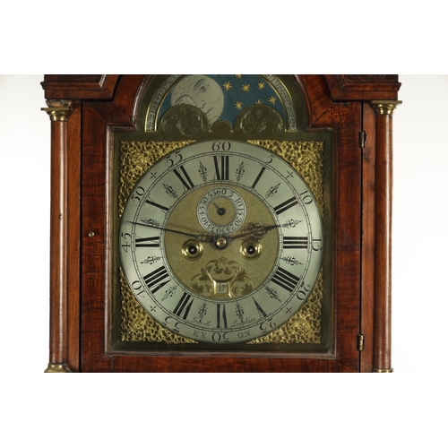 1300 - JACOB LOVELACE, EXON. A GEORGE II BURR WALNUT LONGCASE CLOCK the hood with caddy top and blind fretw... 