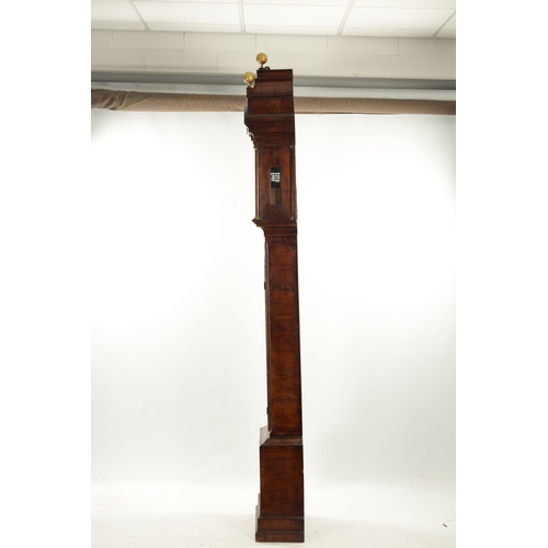 1300 - JACOB LOVELACE, EXON. A GEORGE II BURR WALNUT LONGCASE CLOCK the hood with caddy top and blind fretw... 