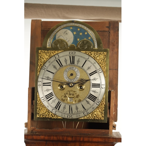 1300 - JACOB LOVELACE, EXON. A GEORGE II BURR WALNUT LONGCASE CLOCK the hood with caddy top and blind fretw... 