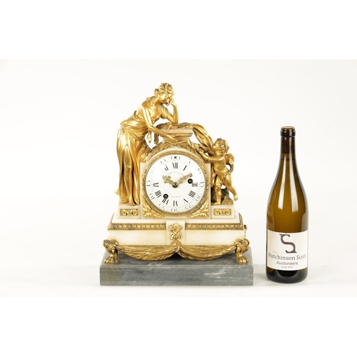 1305 - CHARLES LEROY, A PARIS. A FRENCH LOUIS XVI ORMOLU AND MARBLE FIGURAL MANTEL CLOCK with cherub and ma... 