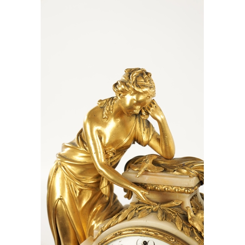 1305 - CHARLES LEROY, A PARIS. A FRENCH LOUIS XVI ORMOLU AND MARBLE FIGURAL MANTEL CLOCK with cherub and ma... 