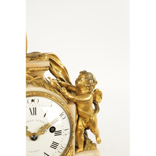 1305 - CHARLES LEROY, A PARIS. A FRENCH LOUIS XVI ORMOLU AND MARBLE FIGURAL MANTEL CLOCK with cherub and ma... 