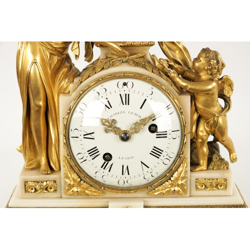 1305 - CHARLES LEROY, A PARIS. A FRENCH LOUIS XVI ORMOLU AND MARBLE FIGURAL MANTEL CLOCK with cherub and ma... 