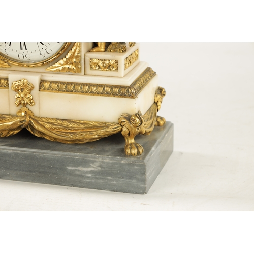 1305 - CHARLES LEROY, A PARIS. A FRENCH LOUIS XVI ORMOLU AND MARBLE FIGURAL MANTEL CLOCK with cherub and ma... 