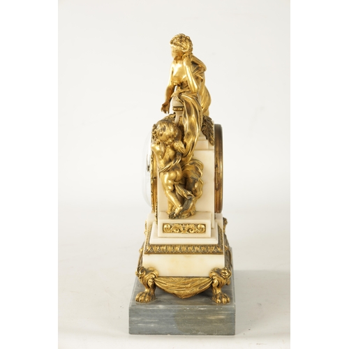 1305 - CHARLES LEROY, A PARIS. A FRENCH LOUIS XVI ORMOLU AND MARBLE FIGURAL MANTEL CLOCK with cherub and ma... 