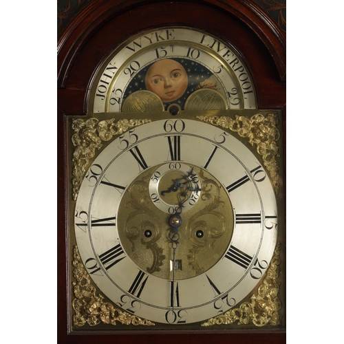 1310 - JOHN WYKE, LIVERPOOL. AN EARLY GEORGE III FIGURED MAHOGANY EIGHT DAY LONGCASE CLOCK the hood with sh... 